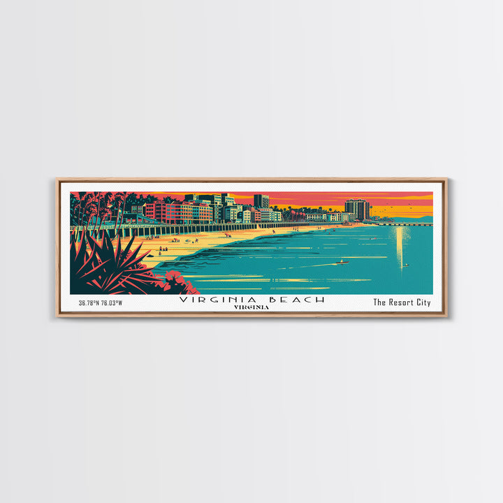 Virginia Beach Virginia Panoramic Travel Poster Framed Canvas Print, Mid Century Modern Art, Pop Art Style, Wall Art, Home Decor, Retro Style Art