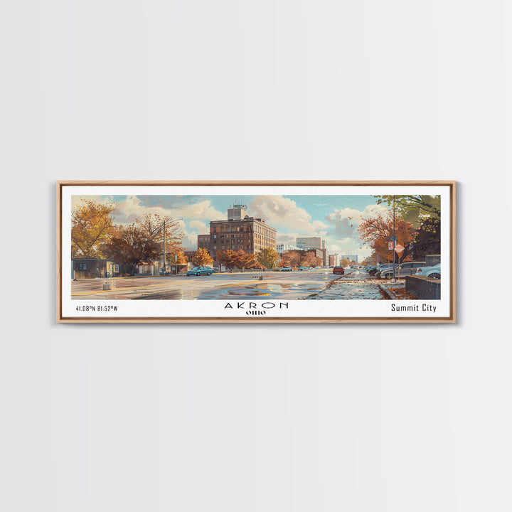 Akron Ohio Panoramic Watercolor Painting, Framed Canvas Print, Scenic City Art, Travel Poster, Wall Decor, Living Room Art, Office Wall Art