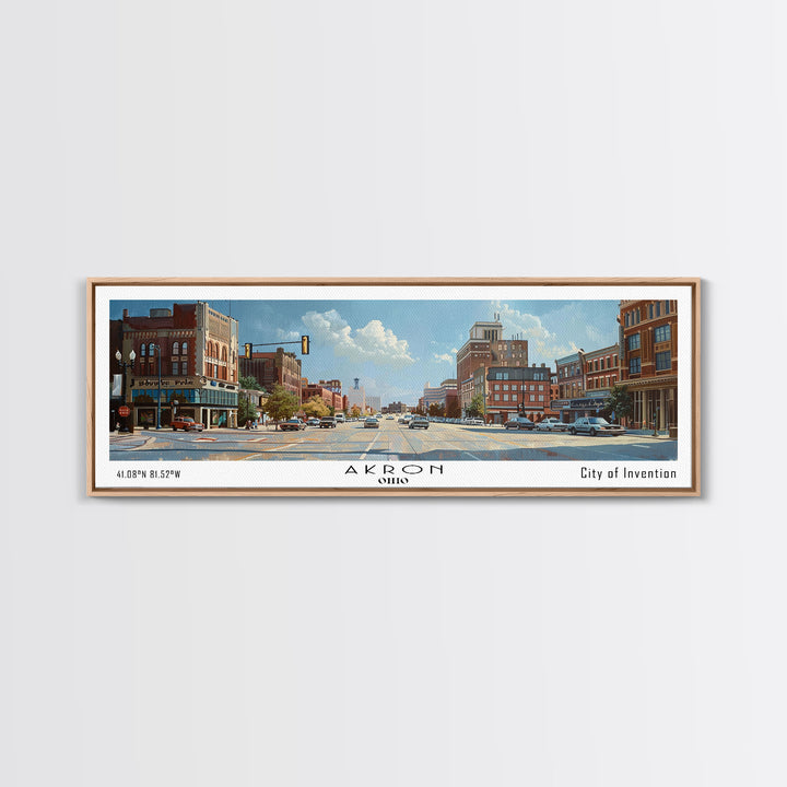 Akron Ohio Panoramic Painting, Watercolor Framed Canvas Print, Scenic Cityscape, Travel Poster, Home Decor, Wall Hanging, Living Room Art