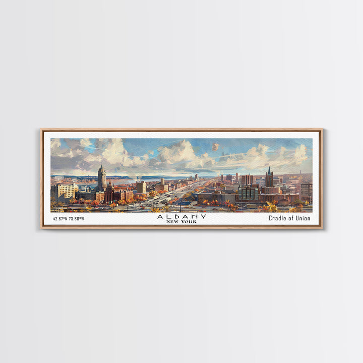 Albany New York Panoramic Painting, Watercolor Framed Canvas Print, Scenic City Art, Travel Poster, Home Decor, Wall Art, Gift Idea