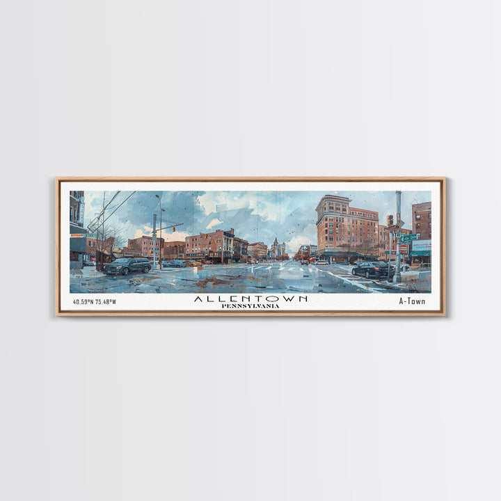 Allentown Pennsylvania Panoramic Painting, Watercolor Framed Canvas Print, Scenic City Art, Travel Poster, Home Decor, Office Wall Art, Gift Idea