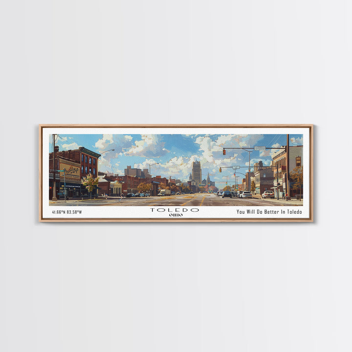 Toledo Ohio Panoramic Framed Canvas Print, Retro Style Wall Art, Living Room Decor, Unique Travel Poster, Artistic Office Gift, Original Artwork