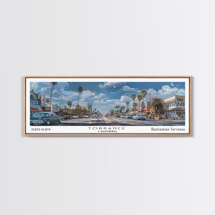 Torrance California Panoramic Framed Canvas Print, Artistic Travel Poster, Retro Wall Art, Unique Living Room Decor, Office Gift, Original Artwork