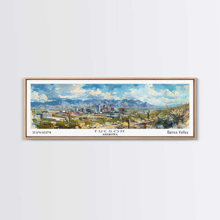 Tucson Arizona Panoramic Painting, Framed Canvas Print, Retro Travel Poster, Artistic Wall Art, Unique Living Room Decor, Office Gift Idea