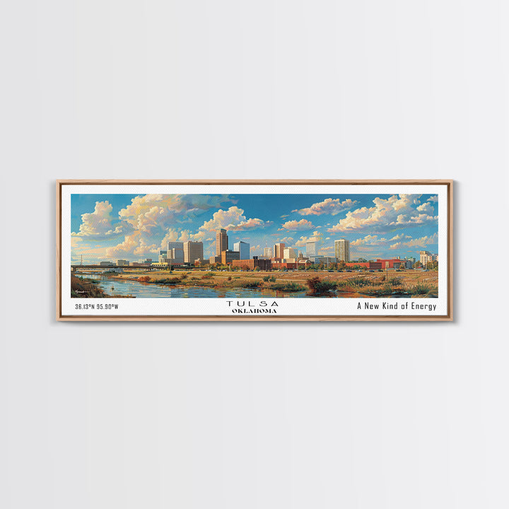 Tulsa Oklahoma Panoramic Framed Canvas Print, Retro Wall Art, Travel Poster, Artistic Living Room Decor, Unique Office Gift, Original Artwork