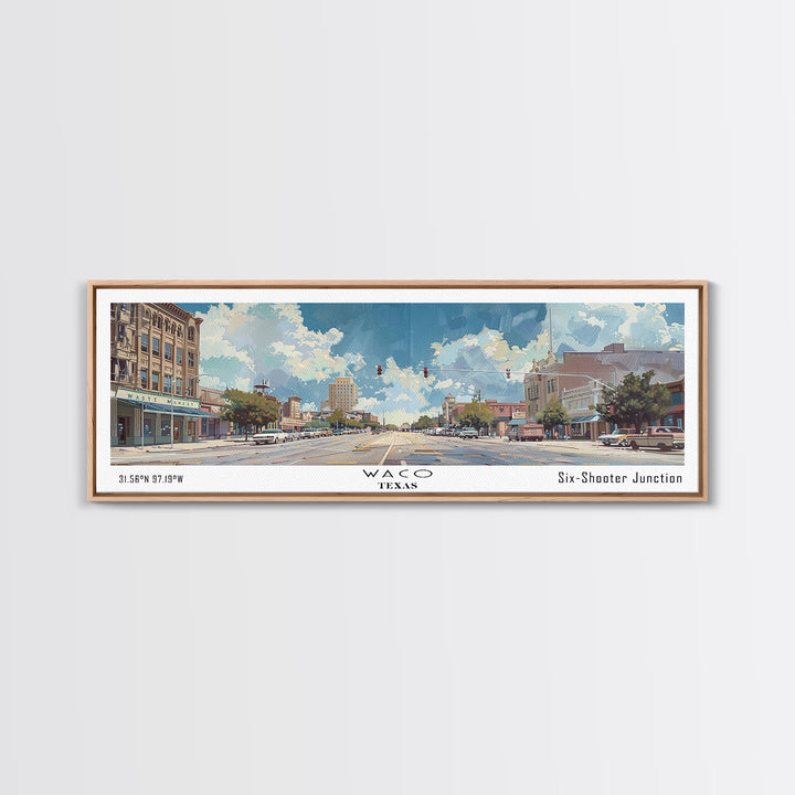 Waco Texas Panoramic Wall Art, Framed Canvas Print, Vintage Style Travel Poster, Artistic Home Decor, Unique Office Piece, Gift Idea