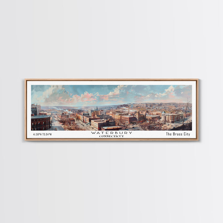 Waterbury Connecticut Panoramic Framed Canvas Print, Vintage Travel Poster, Artistic Wall Art, Unique Home Decor, Office Gift Idea