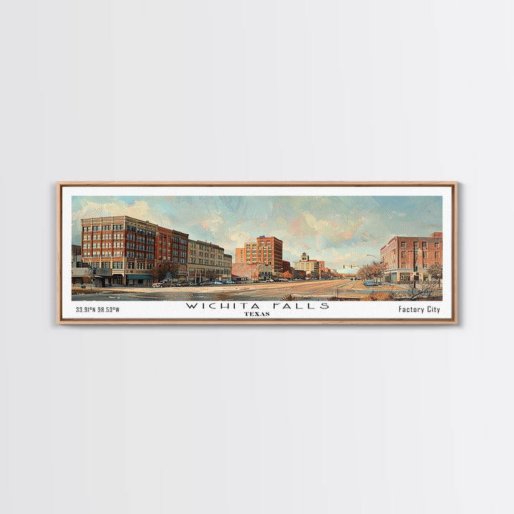 Wichita Falls Texas Panoramic Framed Canvas Print, Vintage Travel Poster, Unique Wall Art, Artistic Living Room Decor, Office Gift Idea