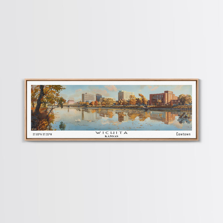 Wichita Kansas Panoramic Painting, Framed Canvas Print, Vintage Travel Poster, Artistic Home Decor, Unique Office Wall Art