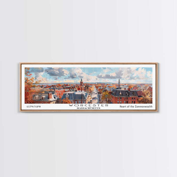 Worcester Massachusetts Panoramic Framed Canvas Print, Vintage Travel Poster, Artistic Wall Art, Unique Living Room Decor, Office Gift, Home Decoration