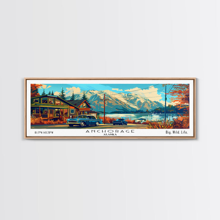 Anchorage Alaska Panoramic Travel Poster Framed Canvas Print, Mid Century Modern Art, Pop Art Style, Wall Art Decor, Home Decoration