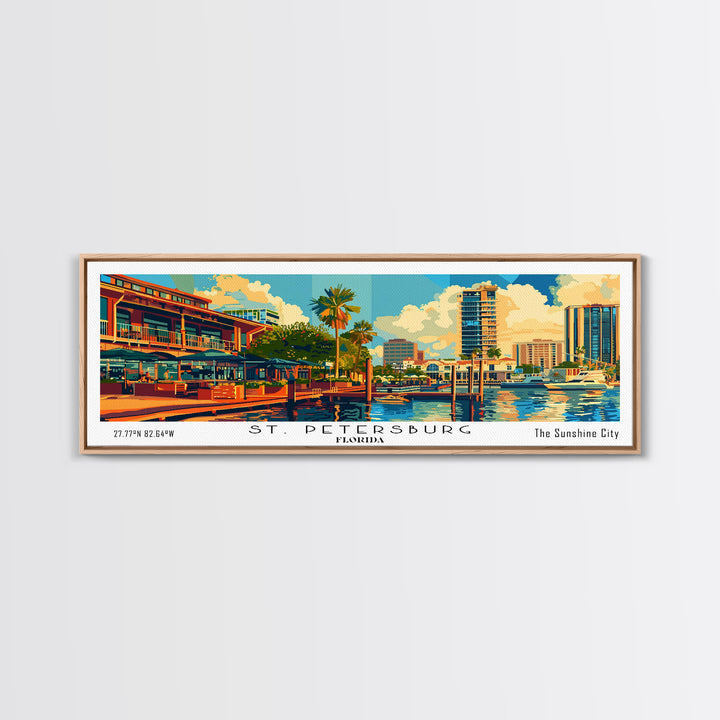 St. Petersburg Florida Panoramic Painting, Mid Century Modern Framed Canvas Print, Retro Pop Art Travel Poster, Wall Art, Home Decor