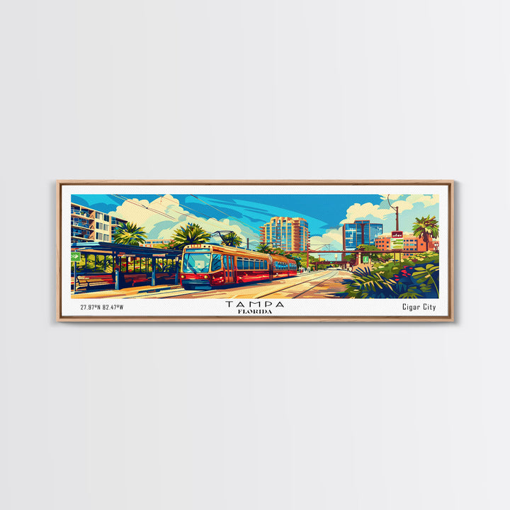 Tampa Florida Panoramic Wall Art, Retro Pop Art Framed Canvas Print, Mid Century Modern Travel Poster, Living Room Decor, Wall Hanging