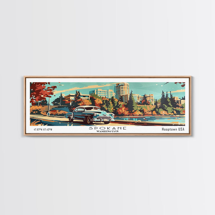 Spokane Washington Panoramic Wall Art, Mid Century Modern Framed Canvas Print, Retro Pop Art Travel Poster, Living Room and Office Decor