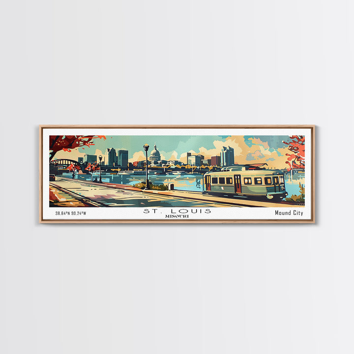 St. Louis Missouri Panoramic Painting, Mid Century Modern Framed Canvas Print, Retro Pop Art Travel Poster, Living Room Wall Art and Office Decor