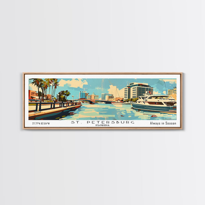 St. Petersburg Florida Panoramic Wall Art, Mid Century Modern Framed Canvas Print, Retro Pop Art Travel Poster, Living Room and Office Wall Art