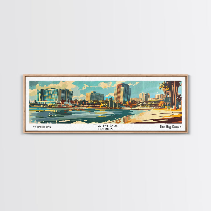 Tampa Florida Panoramic Wall Art, Mid Century Modern Framed Canvas Print, Retro Pop Art Travel Poster, Living Room and Office Wall Art