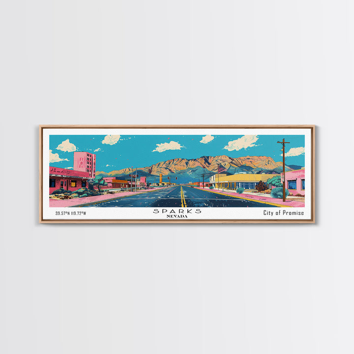 Sparks Nevada Panoramic Wall Art, Mid Century Modern Framed Canvas Print, Retro Pop Art Travel Poster, Living Room and Office Decor