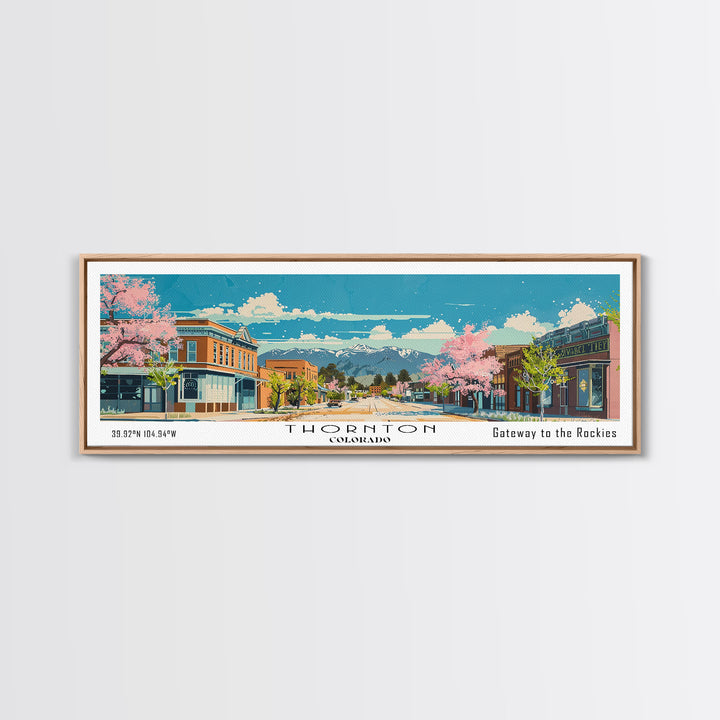 Thornton Colorado Panoramic Painting, Mid Century Modern Framed Canvas Print, Retro Pop Art Travel Poster, Living Room Wall Art Decor