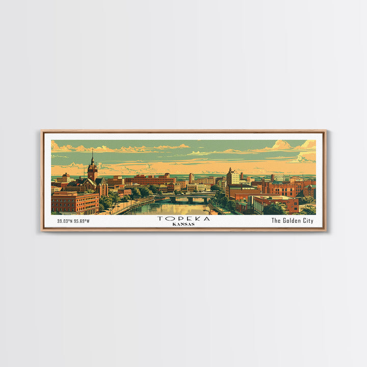 Topeka Kansas Panoramic Painting, Mid Century Modern Framed Canvas Print, Retro Pop Art Travel Poster, Home and Office Wall Art Decor