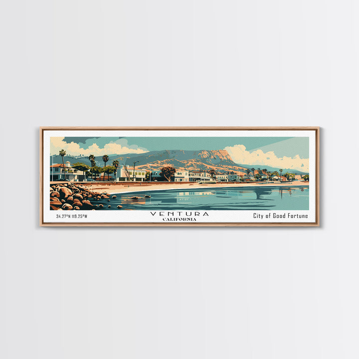 Ventura California Panoramic Wall Art, Mid Century Modern Framed Canvas Print, Retro Pop Art Travel Poster, City Art, Home Decoration