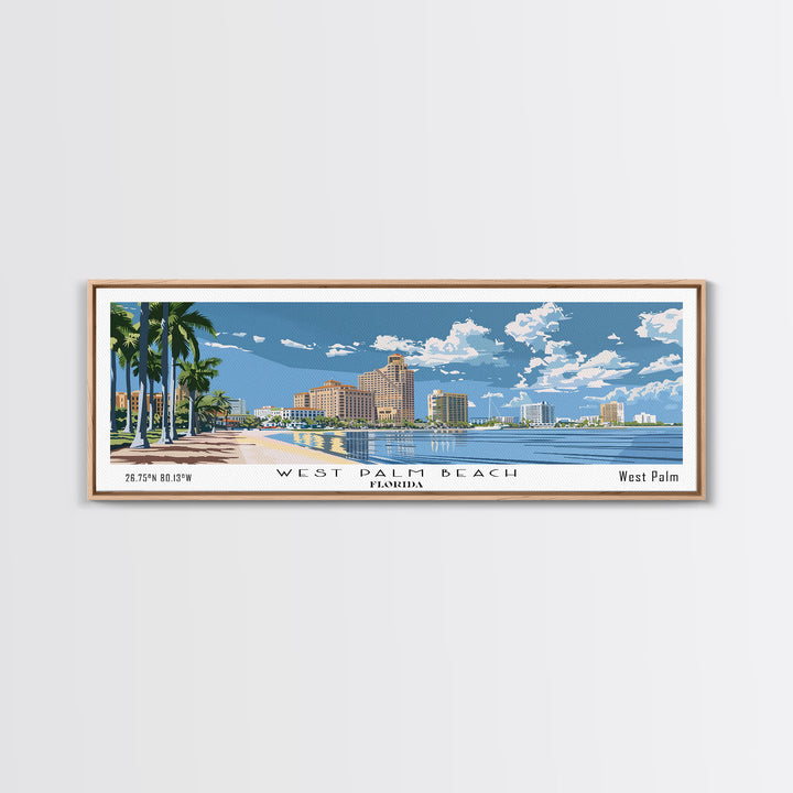 West Palm Beach Florida Panoramic Wall Art, Mid Century Modern Framed Canvas Print, Retro Pop Art Travel Poster, City Art, Home Decoration