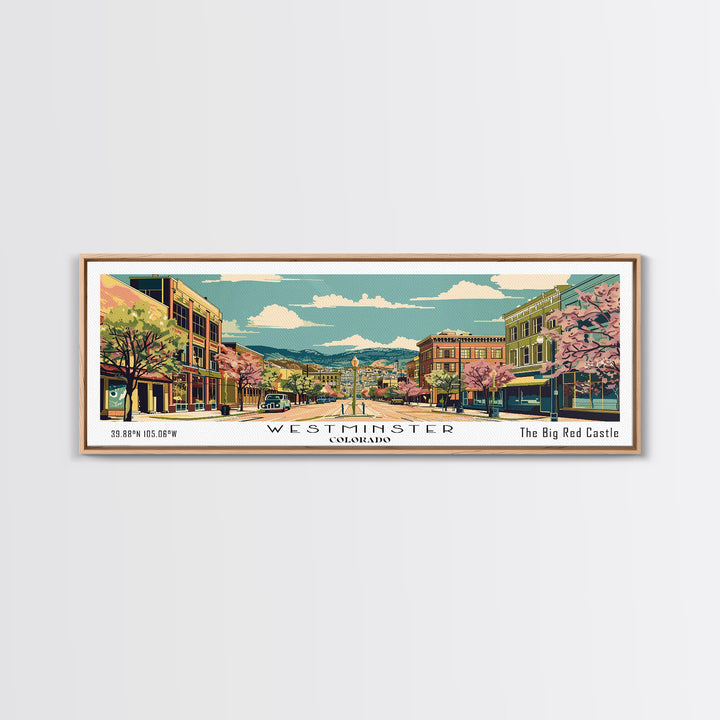 Westminster Colorado Panoramic Painting, Mid Century Modern Framed Canvas Print, Retro Pop Art Travel Poster, Office Wall Art, Home Decoration