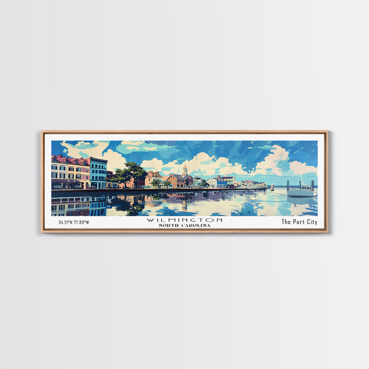 Wilmington North Carolina Panoramic Wall Art, Mid Century Modern Framed Canvas Print, Retro Pop Art Travel Poster, City Art, Home Decoration