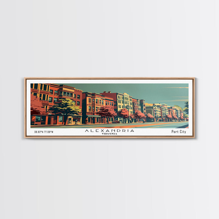 Alexandria Virginia Panoramic Painting, Framed Canvas Print, Mid Century Modern Wall Art, Retro Pop Art Travel Poster, Living Room Decor, City Art