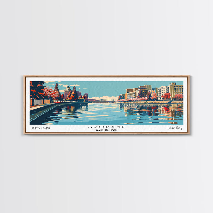 Spokane Washington Panoramic Painting, Mid Century Modern Framed Canvas Print, Retro Pop Art Travel Poster, Cityscape, Home Decor, Office Wall Art