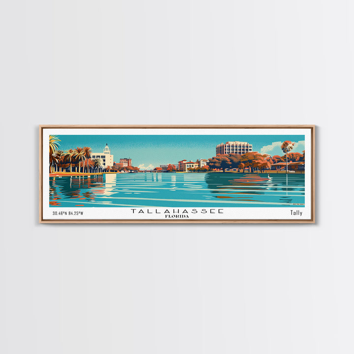 Tallahassee Florida Panoramic Painting, Mid Century Modern Framed Canvas Print, Retro Pop Art Travel Poster, Cityscape, Home Decor, Office Wall Art