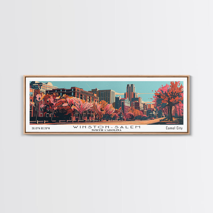 Winston-Salem North Carolina Panoramic Wall Art, Mid Century Modern Framed Canvas Print, Retro Pop Art Travel Poster, Cityscape Decor, Living Room Art