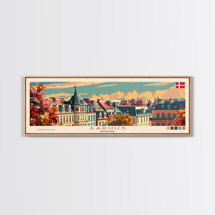 Aarhus Denmark  Panoramic Travel Poster, Framed Canvas Print or Metal Wall Art, Travel Art, Home Decor, Panoramic Painting, Midcentury Art