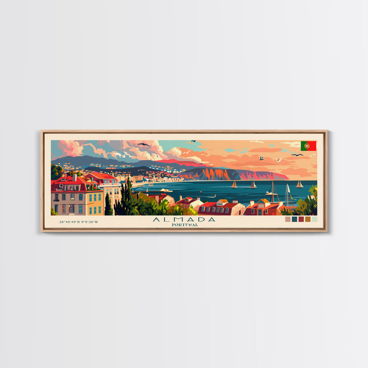 Almada  Portugal Travel Art, City Art, Framed Canvas Print or Metal Wall Art, Europe Travel Poster, Panoramic Wall Art, Extra Wide Wall Art