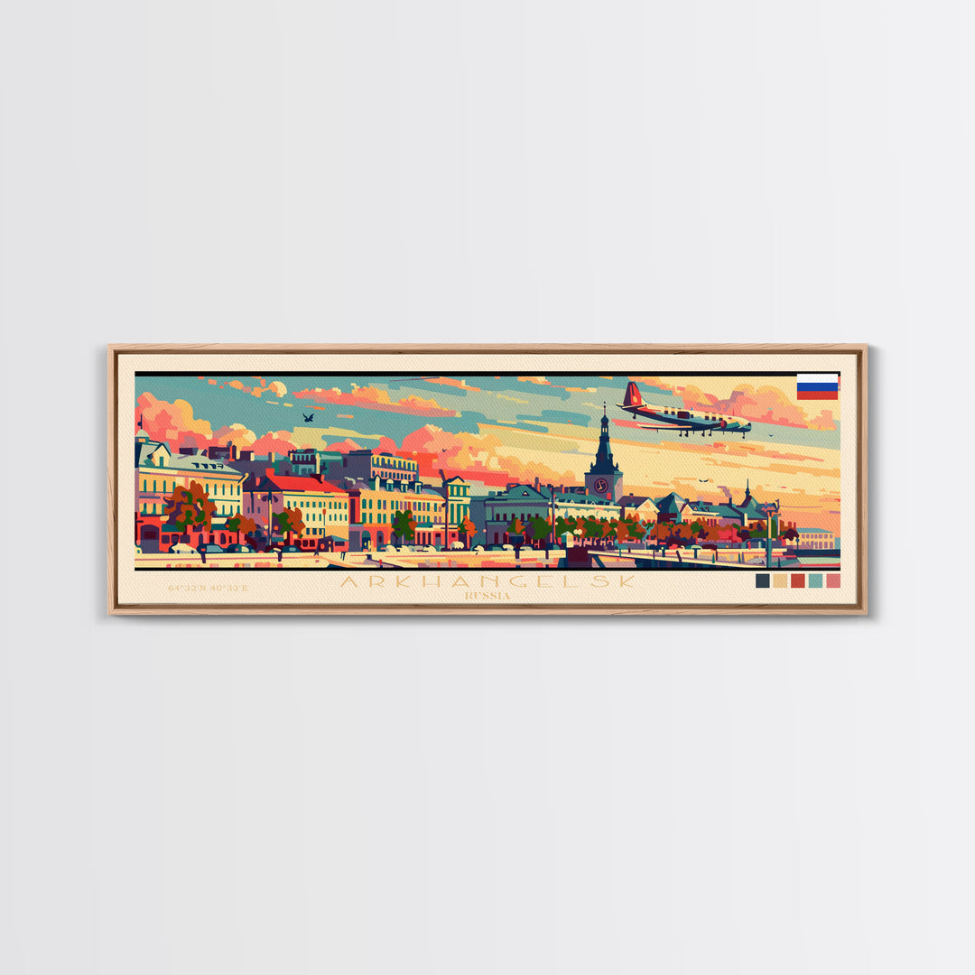 Arkhangelsk Russia Panoramic Travel Poster, Framed Canvas Print or Metal Wall Art, Travel Art, Home Decor, Panoramic Painting, Midcentury Art