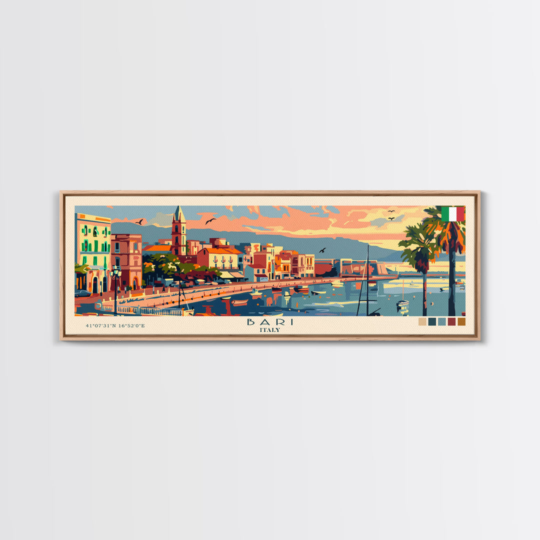 Bari Italy Travel Art, City Art, Framed Canvas Print or Metal Wall Art, Europe Travel Poster, Panoramic Wall Art, Extra Wide Wall Art