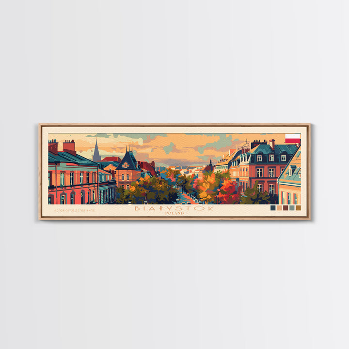 Bialystok Poland Panoramic Travel Poster, Framed Canvas Print or Metal Wall Art, Travel Art, Home Decor, Panoramic Painting, Midcentury Art