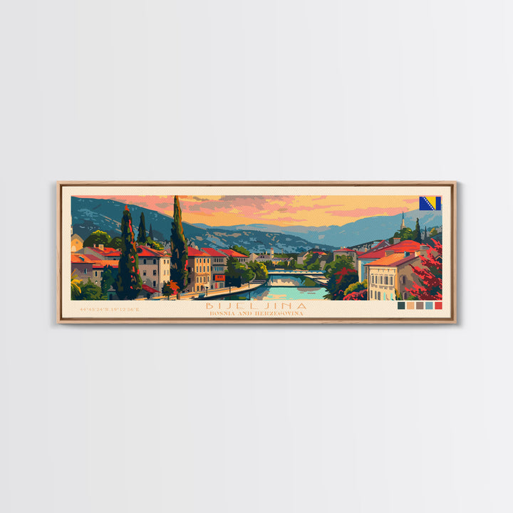 Bijeljina Bosnia Panoramic Travel Poster, Framed Canvas Print or Metal Wall Art, Travel Art, Home Decor, Panoramic Painting, Midcentury Art