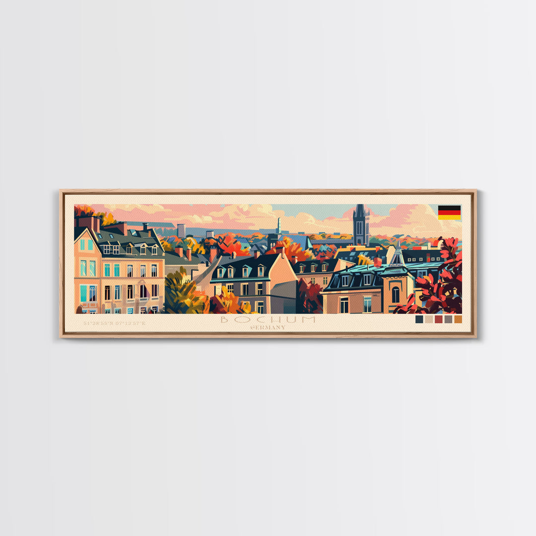 Bochum Germany Panoramic Travel Poster, Framed Canvas Print or Metal Wall Art, Travel Art, Home Decor, Panoramic Painting, Midcentury Art