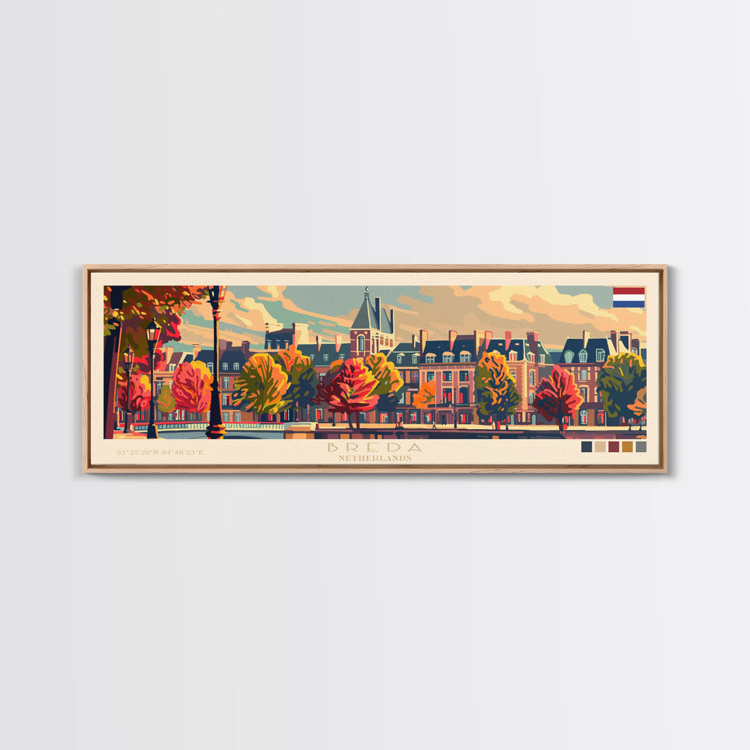 Breda Netherlands Panoramic Travel Poster, Framed Canvas Print or Metal Wall Art, Travel Art, Home Decor, Panoramic Painting, Midcentury Art