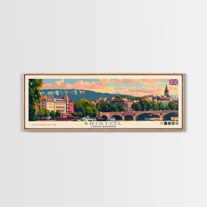 Bristol United Kingdom Panoramic Travel Poster, Framed Canvas Print or Metal Wall Art, Travel Art, Home Decor, Panoramic Painting, Midcentury Art