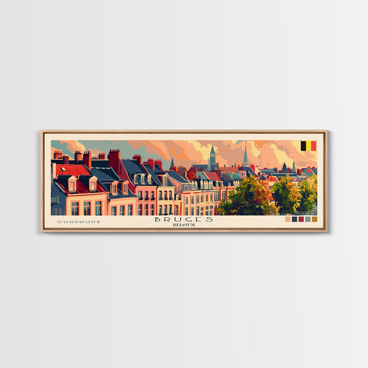 Bruges Belgium Travel Art, City Art, Framed Canvas Print or Metal Wall Art, Europe Travel Poster, Panoramic Wall Art, Extra Wide Wall Art