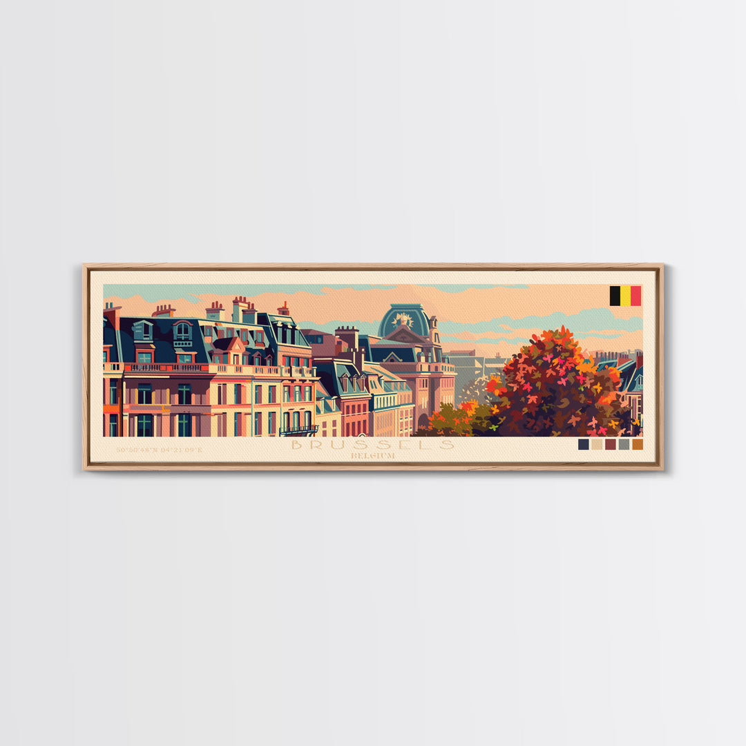 Brussels Belgium Panoramic Travel Poster, Framed Canvas Print or Metal Wall Art, Travel Art, Home Decor, Panoramic Painting, Midcentury Art