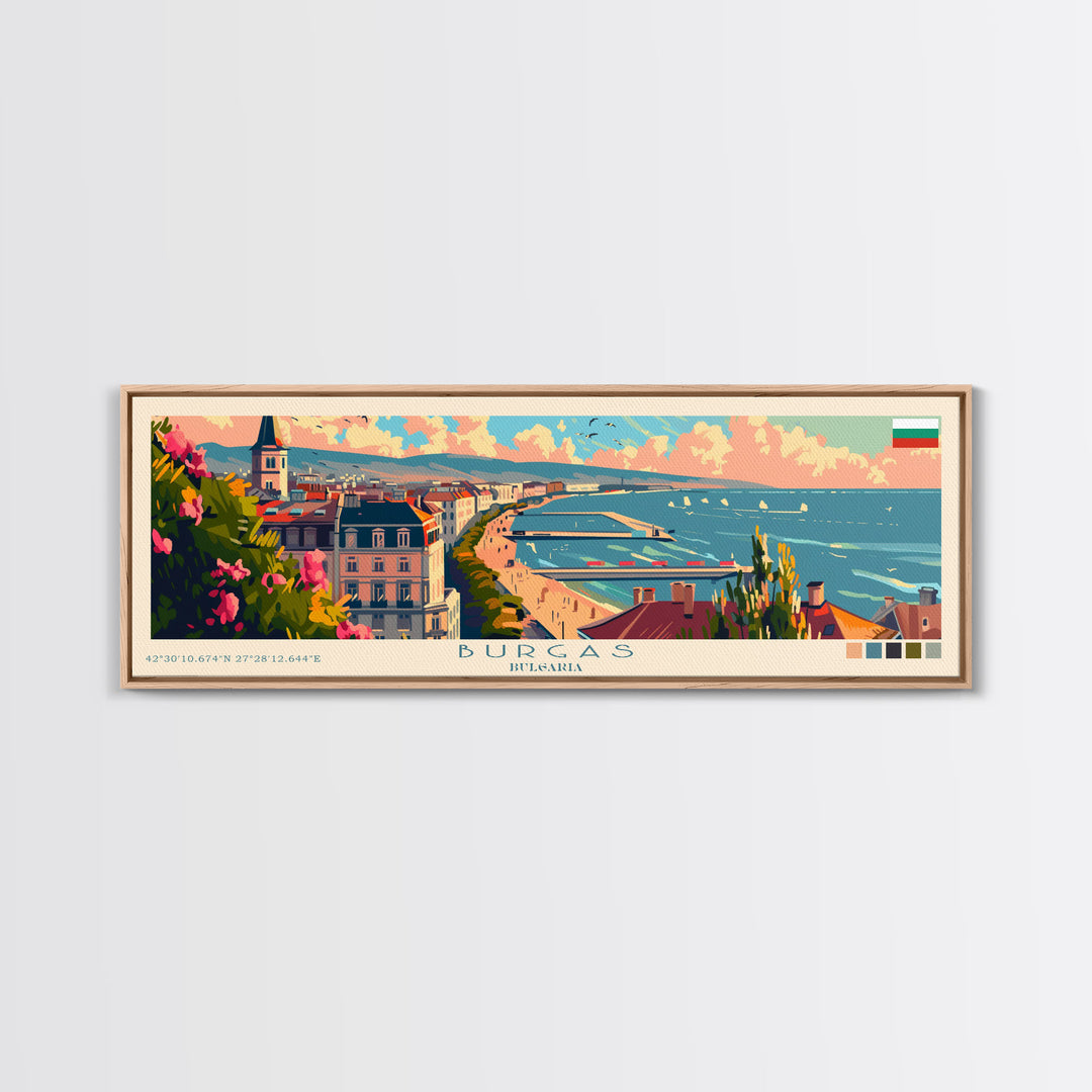 Burgas Bulgaria Panoramic Travel Poster, Framed Canvas Print or Metal Wall Art, Travel Art, Home Decor, Panoramic Painting, Midcentury Art