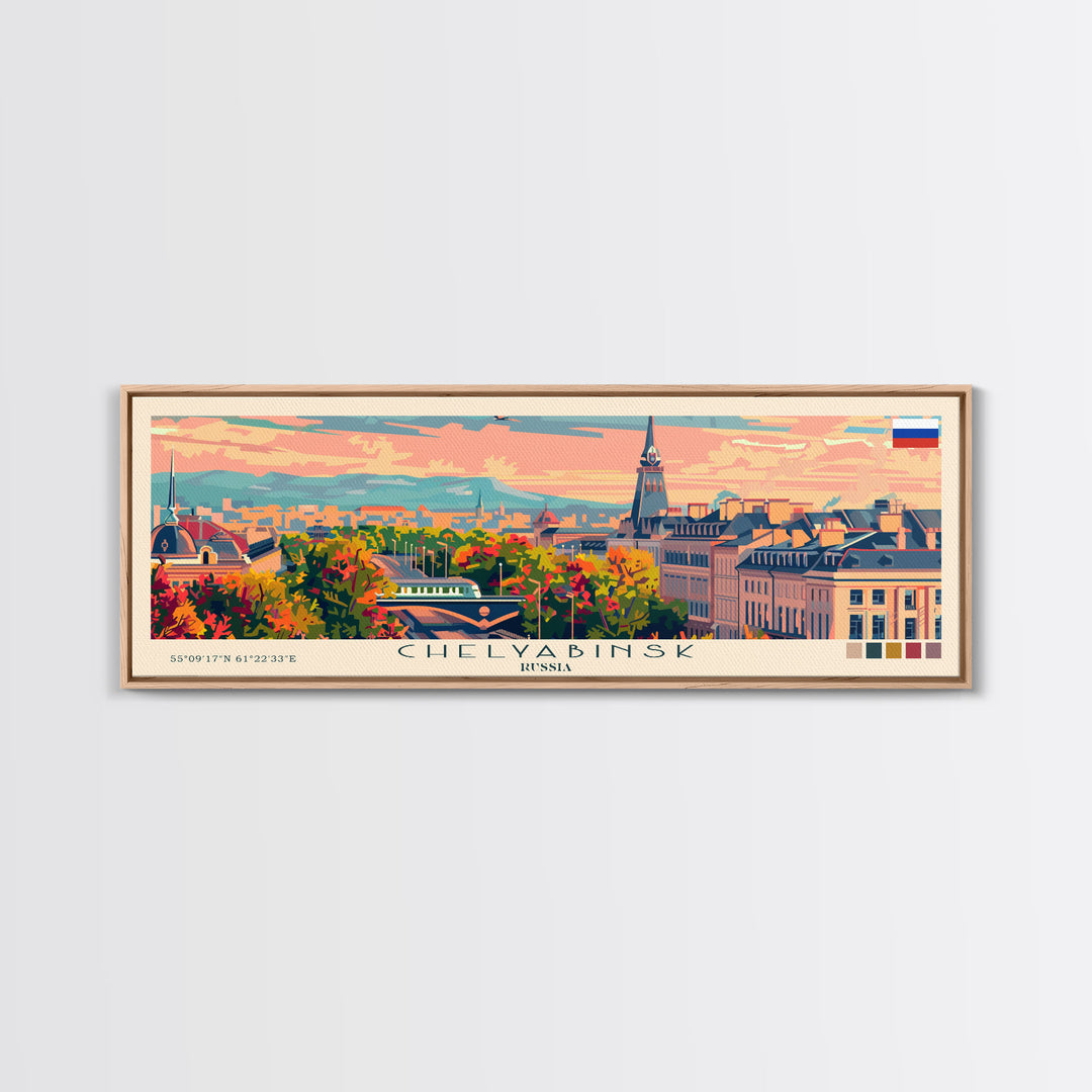 Chelyabinsk Russia Panoramic Travel Poster, Framed Canvas Print or Metal Wall Art, Travel Art, Home Decor, Panoramic Painting, Midcentury Art