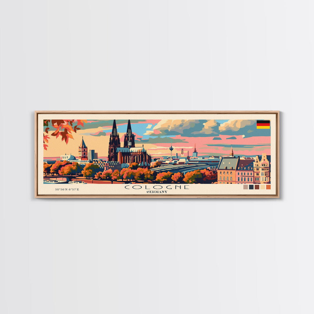 Cologne Germany Panoramic Travel Poster, Framed Canvas Print or Metal Wall Art, Travel Art, Home Decor, Panoramic Painting, Midcentury Art