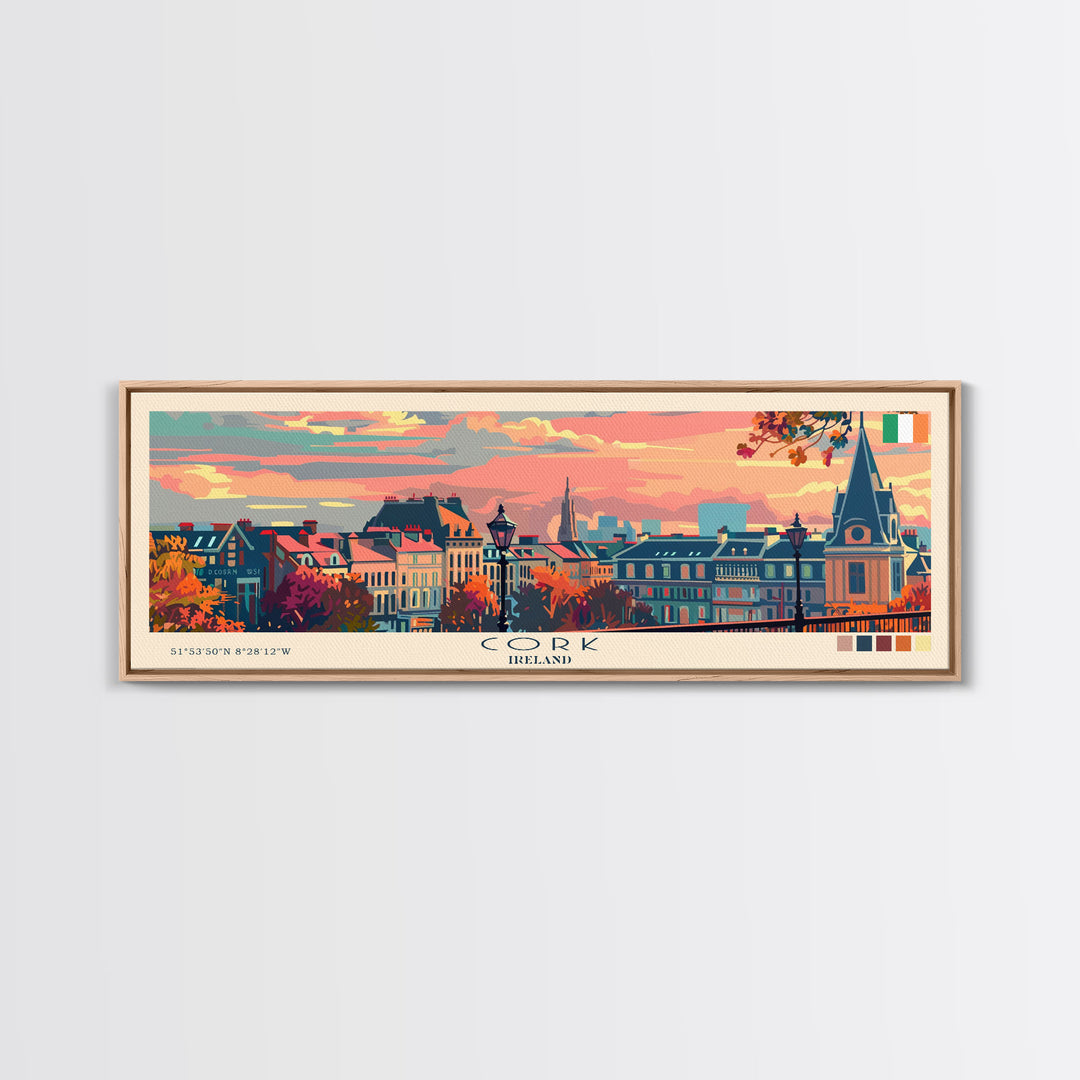 Cork Ireland Panoramic Travel Poster, Framed Canvas Print or Metal Wall Art, Travel Art, Home Decor, Panoramic Painting, Midcentury Art