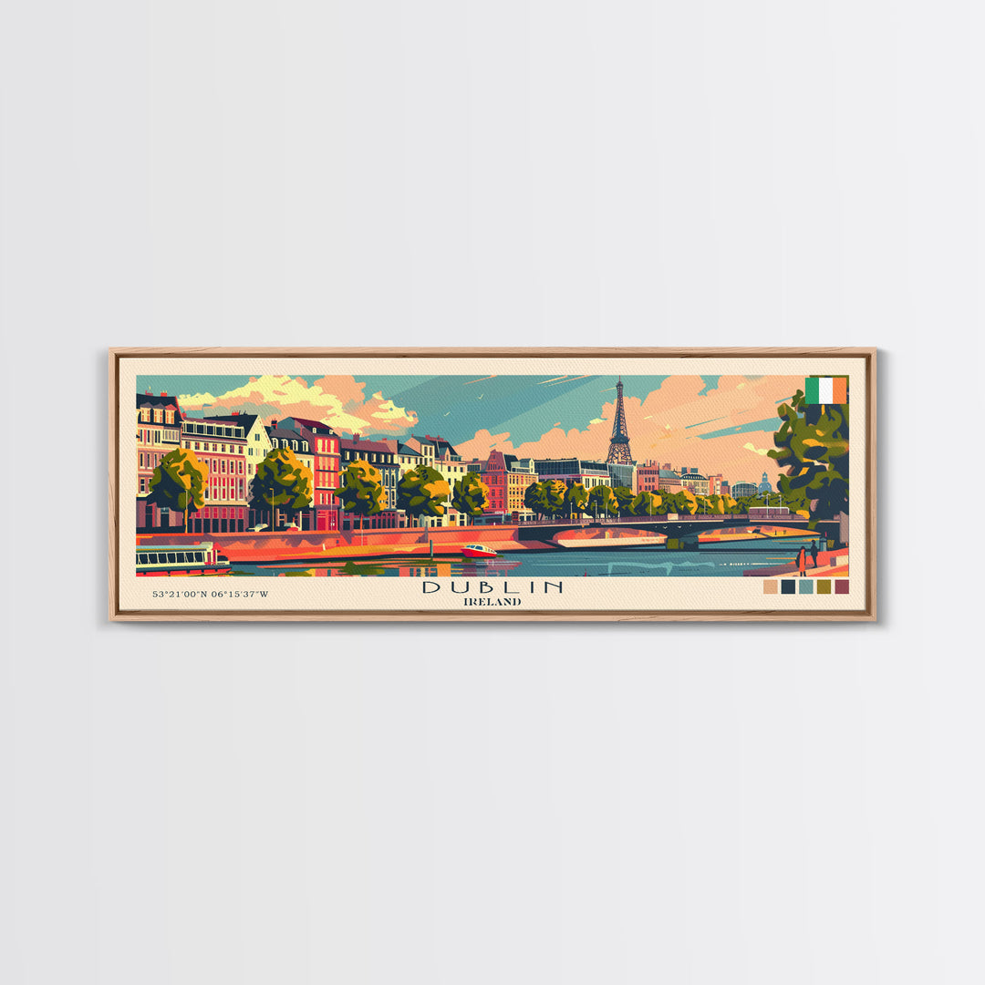 Dublin Ireland Panoramic Travel Poster, Framed Canvas Print or Metal Wall Art, Travel Art, Home Decor, Panoramic Painting, Midcentury Art