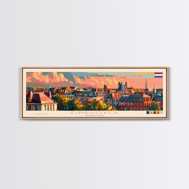 Eindhoven Netherlands Panoramic Travel Poster, Framed Canvas Print or Metal Wall Art, Travel Art, Home Decor, Panoramic Painting, Midcentury Art