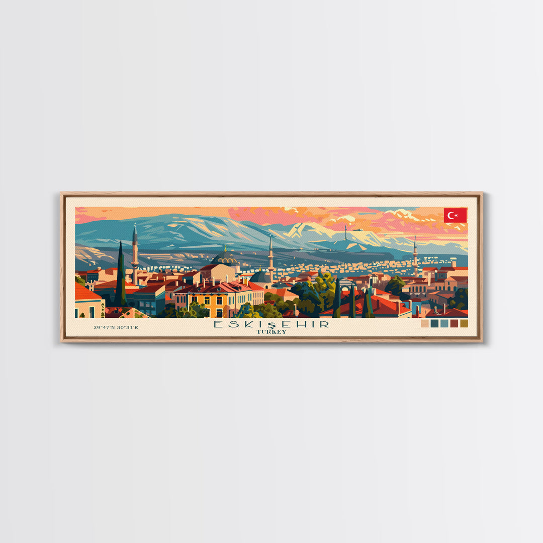 Eskisehir Turkey Panoramic Travel Poster, Framed Canvas Print or Metal Wall Art, Travel Art, Home Decor, Panoramic Painting, Midcentury Art